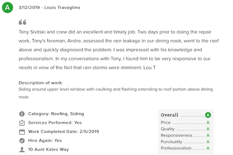 screenshot of customer review on Angie's List