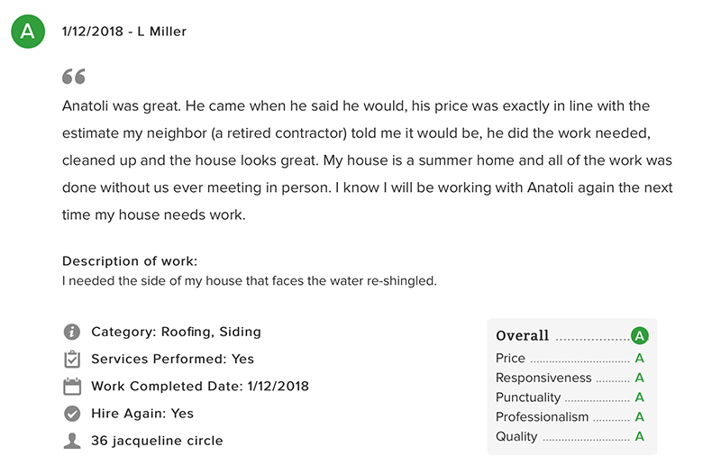 screenshot of customer review on Angie's List