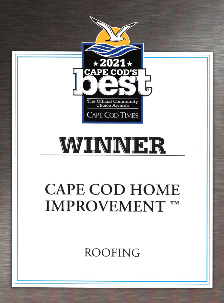 Certificate from the Cape Cod Times showing Cape Cod Home Improvement voted Best Roofer 2021